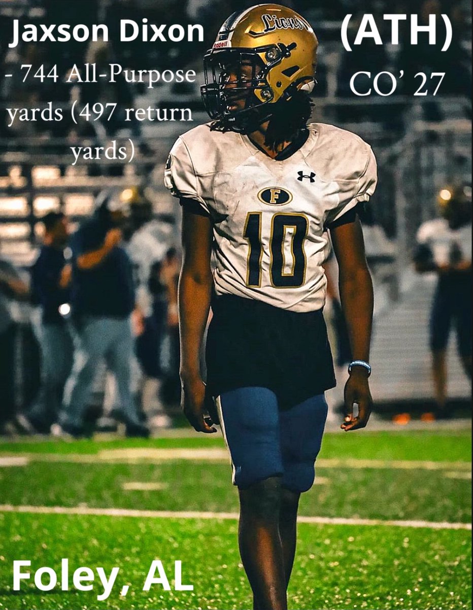 Extremely blessed to finish my Sophomore szn with 744 all-purpose yards. Averaged 24 yards on kickoff returns. 

<a href="/FoleyLionsFB/">Foley Football</a> <a href="/CoachJohnston2/">Gary Johnston</a> <a href="/CoachDaniels06/">Coach D</a> <a href="/One11Recruiting/">One11 Recruiting</a> <a href="/GCMSportsAL/">Gulf Coast Media Sports</a> <a href="/JagsFB_Recruits/">South Alabama Football Recruiting 🏈</a> <a href="/DownSouthFb1/">Down South</a> <a href="/GCoastAthletics/">Gulf Coast Athletics</a>