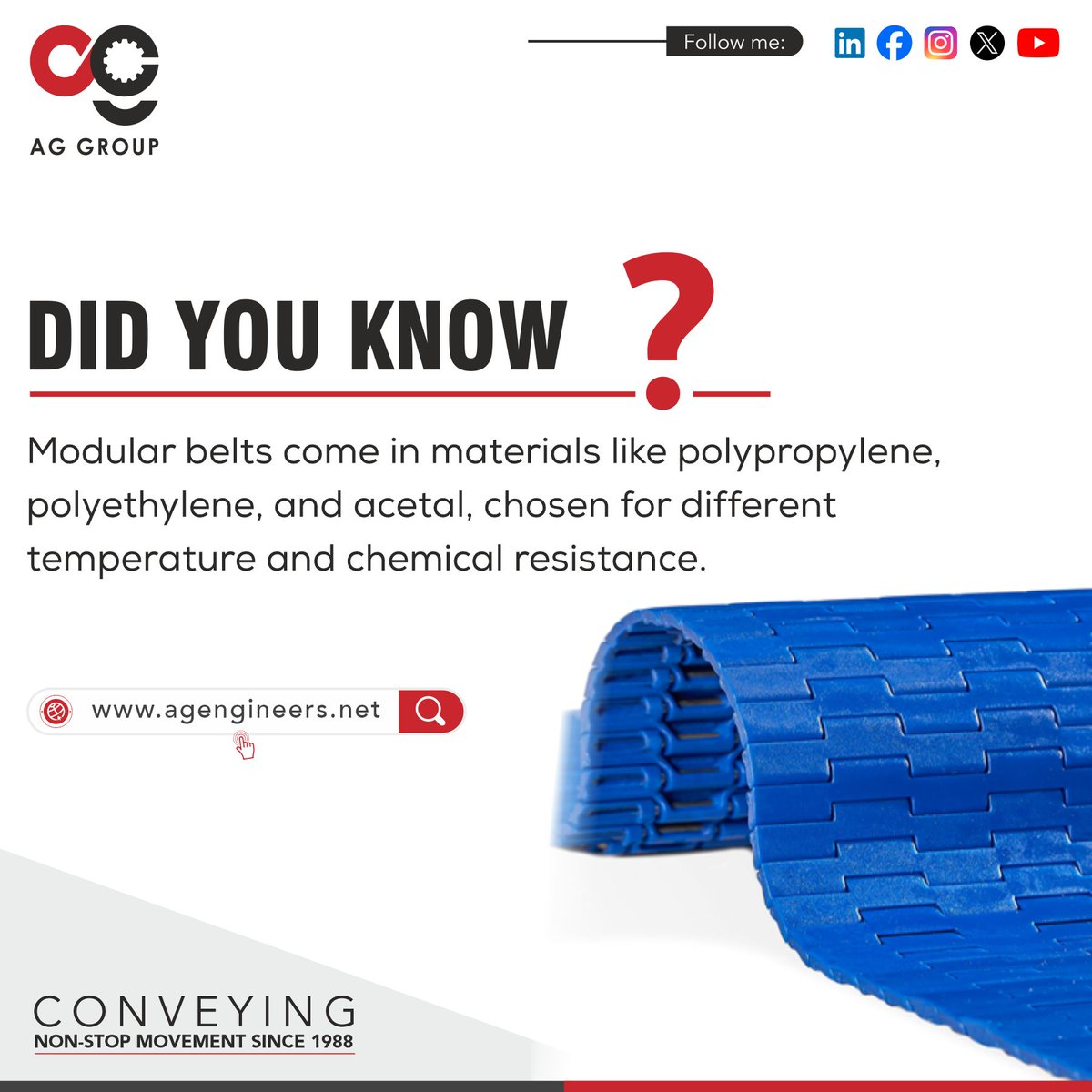 AGGroup542745's tweet image. Did You Know ?
.
.
.
.
#aggroup #modularbelts #conveyorbelts #conveyorsystem #conveyorsolutions