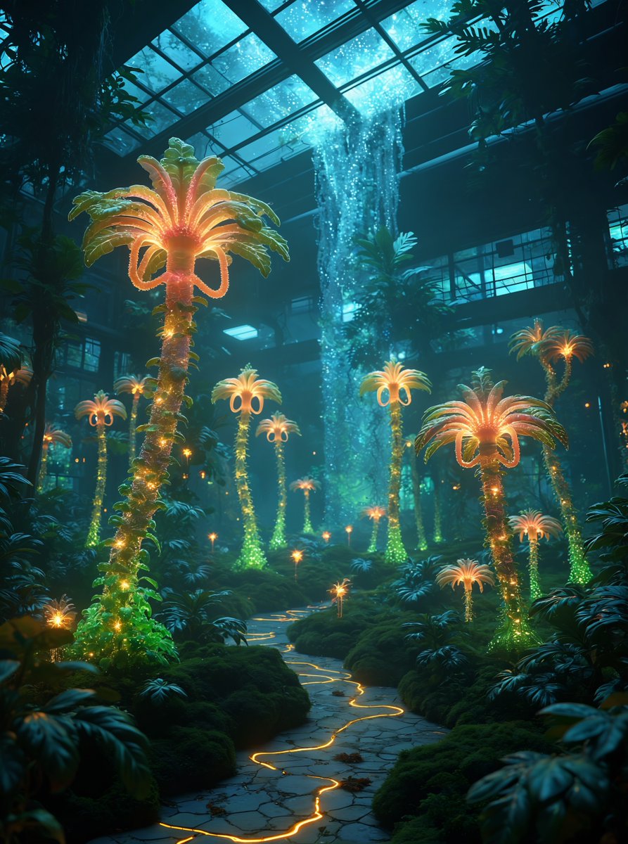 CyberGenixAi's tweet photo. Bioluminescent plants pulse with the rhythm of social media, blooming with positivity &amp; wilting under negativity.  Witness The Algorithmic Garden, a surreal fusion of nature &amp; tech where code flows like lifeblood. #Cybergenix #AIart #DigitalArt #BioArt #Technology #Nature https://t.co/QoP8Mitm4c