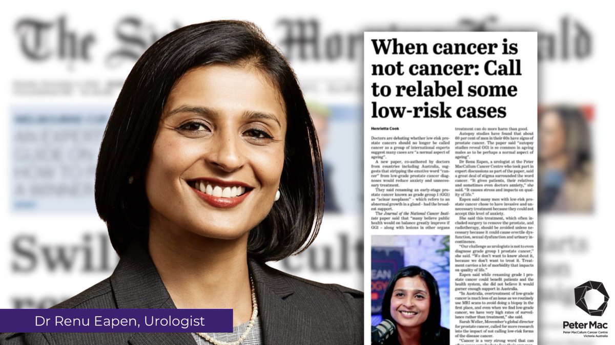 Peter Mac Cancer Centre (@petermaccc) on Twitter photo A new paper suggests that stripping the emotive word ācancerā from low-grade #prostatecancer diagnoses would reduce anxiety and unnecessary treatment.
Peter Mac Urologist Dr <a href="/RenuEapen/">Renu Eapen</a> is part of the discussions, read more here: theage.com.au/healthcare/wha⦠A new paper suggests that stripping the emotive word ācancerā from low-grade #prostatecancer diagnoses would reduce anxiety and unnecessary treatment.
Peter Mac Urologist Dr <a href="/RenuEapen/">Renu Eapen</a> is part of the discussions, read more here: theage.com.au/healthcare/whaā¦