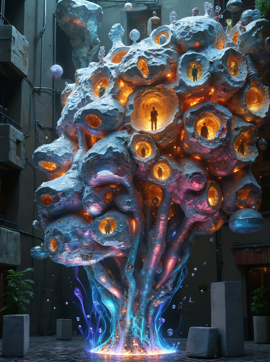 Fragmented realities bloom into mesmerizing chaos! 🌺💥 Entropy Blooms, an interactive art installation explores the beauty &amp; danger of information overload through shifting data visualizations &amp; recycled materials. #Cybergenix #AIart #DigitalArt #ContemporaryArt