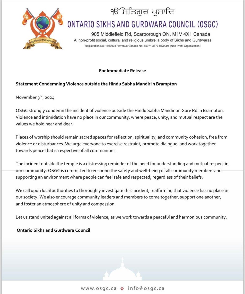 EconomicTimes's tweet photo. #Ontario #Sikhs and #Gurdwara Council (#OSGC) condemns violence outside the #Hindu Sabha #Mandir in #Brampton.  "...The incident outside the temple is a distressing reminder of the need for understanding and mutual respect in our community. OSGC is committed to ensuring the safety and well-being of all community members and supporting an environment where people can feel safe and respected, regardless of their beliefs. We call upon local authorities to thoroughly investigate this incident, reaffirming that violence has no place in our society. We also encourage community leaders and members to come together, support one another, and foster an atmosphere of unity and compassion..." [ANI]  | Latest News  - https://t.co/Yp9E9tCA85 🗞️