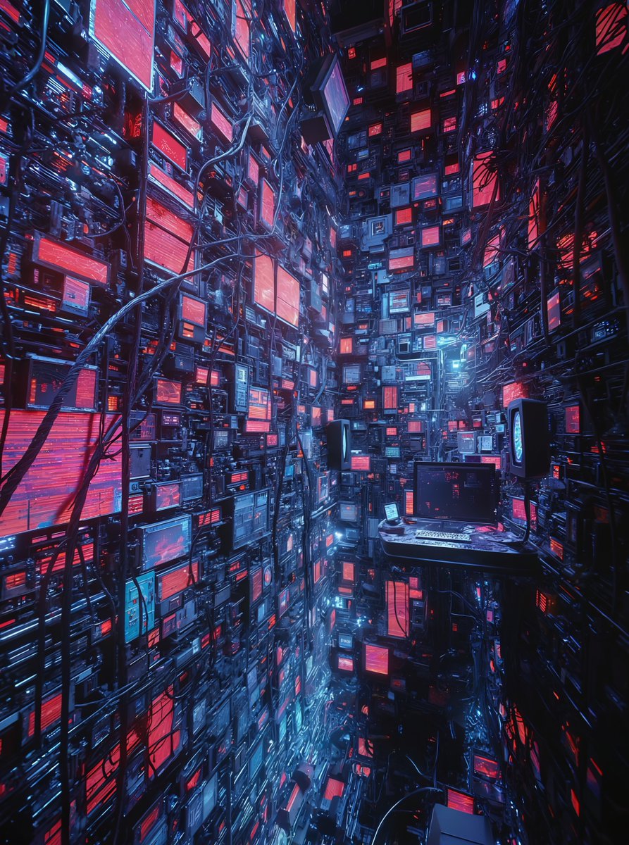 Salvaged tech explodes into a kaleidoscope of digital decay &amp; rebirth! 🤯 Entropy of Form deconstructs design in our saturated world with morphing projections &amp; AI-driven soundscapes reacting to YOU. #Cybergenix #AIart #DigitalArt #InteractiveArt #Technology  #AIartists