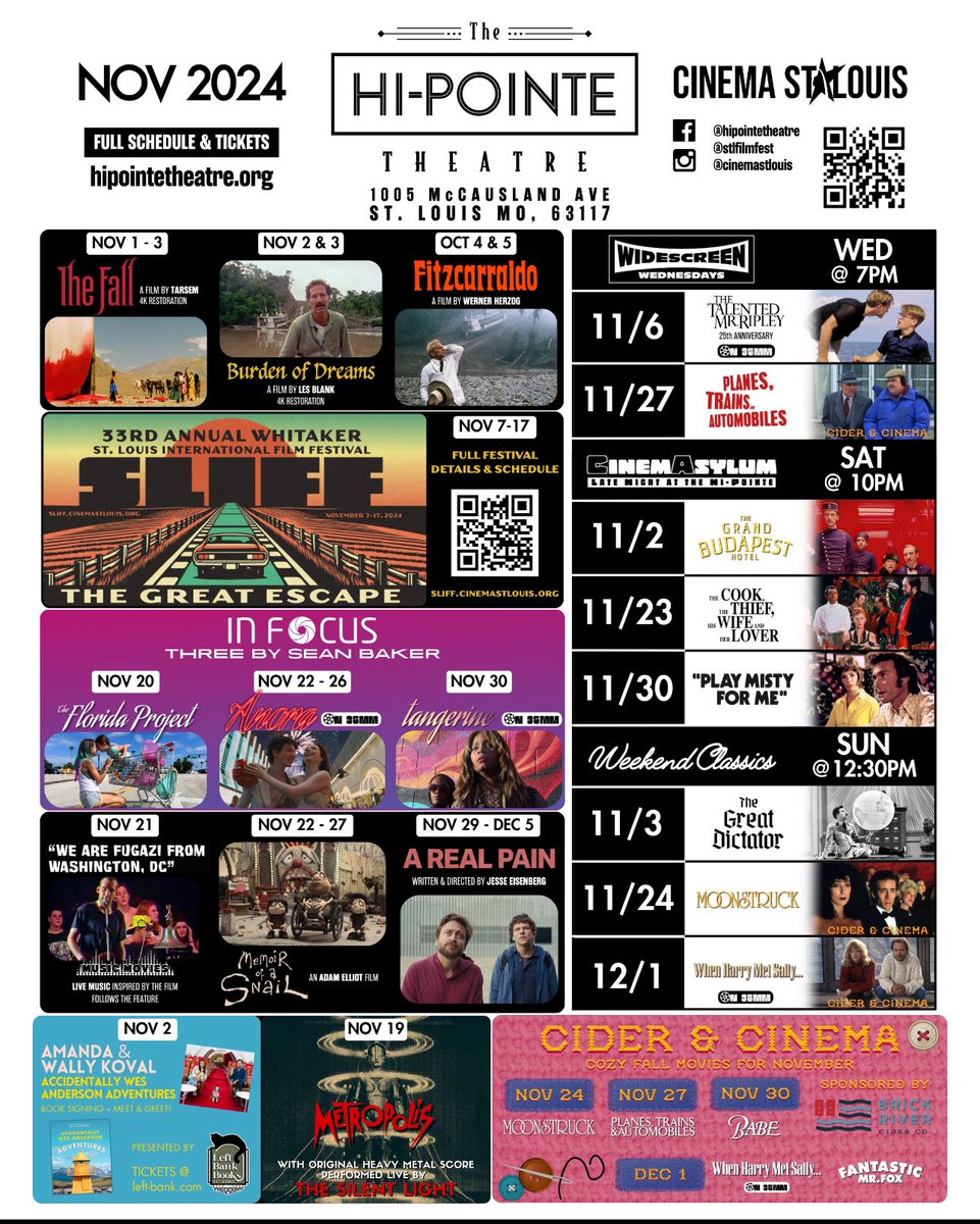 Hi-Pointe Theatre (@hipointe) on Twitter photo Leaves are falling…weather is sweater-ing…and @hipointetheatre is screening some cinematic magic this November!🍂🧥
Of course, #SLIFF33 is just days away!
Find tickets & more info at the link in our bio!🎟️
#hipointetheatre #independenttheatre #SLIFF #cinemastlouis Leaves are falling…weather is sweater-ing…and @hipointetheatre is screening some cinematic magic this November!🍂🧥
Of course, #SLIFF33 is just days away!
Find tickets & more info at the link in our bio!🎟️
#hipointetheatre #independenttheatre #SLIFF #cinemastlouis