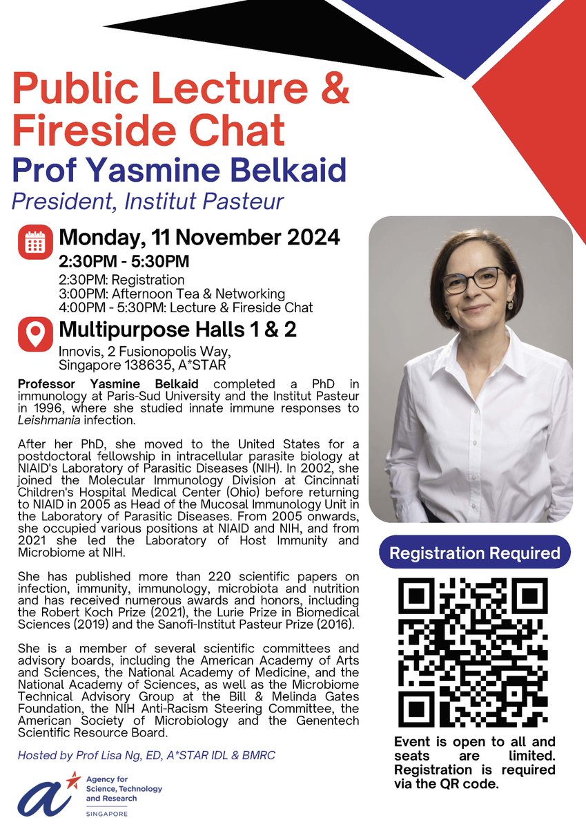 VignuzziLab (@vignuzzilab) on Twitter photo We are happy to announce this in-person presentation by Prof Yasmine Belkaid <a href="/BelkaidLab/">Belkaid Lab</a>, microbiologist and immunologist and President of the Institut Pasteur <a href="/institutpasteur/">Institut Pasteur, since 1887</a>. She will be visiting us at <a href="/astar_research/">A*STAR Research</a> to discuss her lab's work and her own career; followed by We are happy to announce this in-person presentation by Prof Yasmine Belkaid <a href="/BelkaidLab/">Belkaid Lab</a>, microbiologist and immunologist and President of the Institut Pasteur <a href="/institutpasteur/">Institut Pasteur, since 1887</a>. She will be visiting us at <a href="/astar_research/">A*STAR Research</a> to discuss her lab's work and her own career; followed by