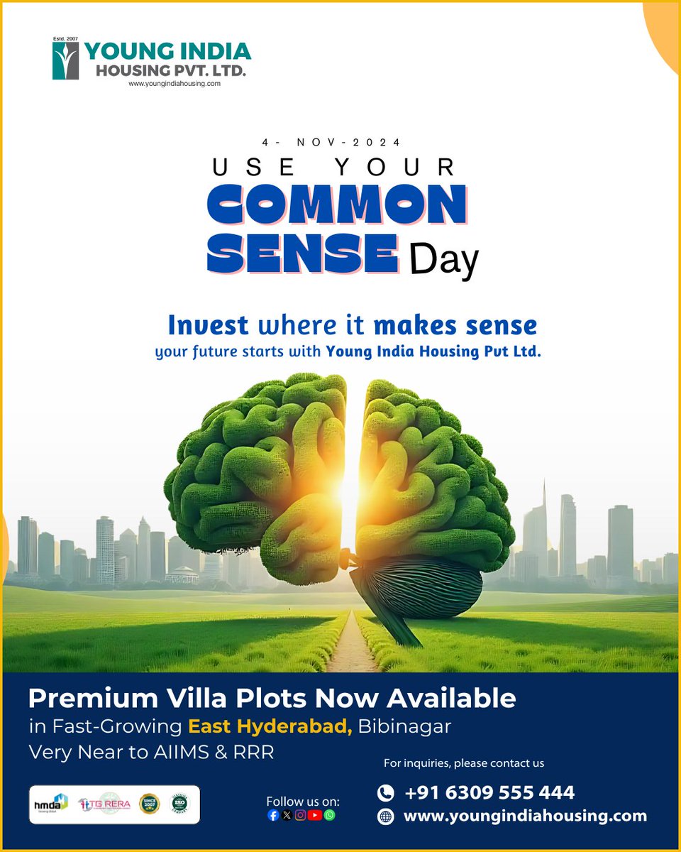 YoungindiaMd's tweet image. Make wise decisions today for a secure tomorrow! 💡
Use your common sense—choose investments that last.

With Young India Housing Pvt. Ltd., your future is in safe hands.

📞 6309 555 444
🌐 youngindiahousing.com

#UseYourCommonSense
#SmartInvestments
#YoungIndiaHousing