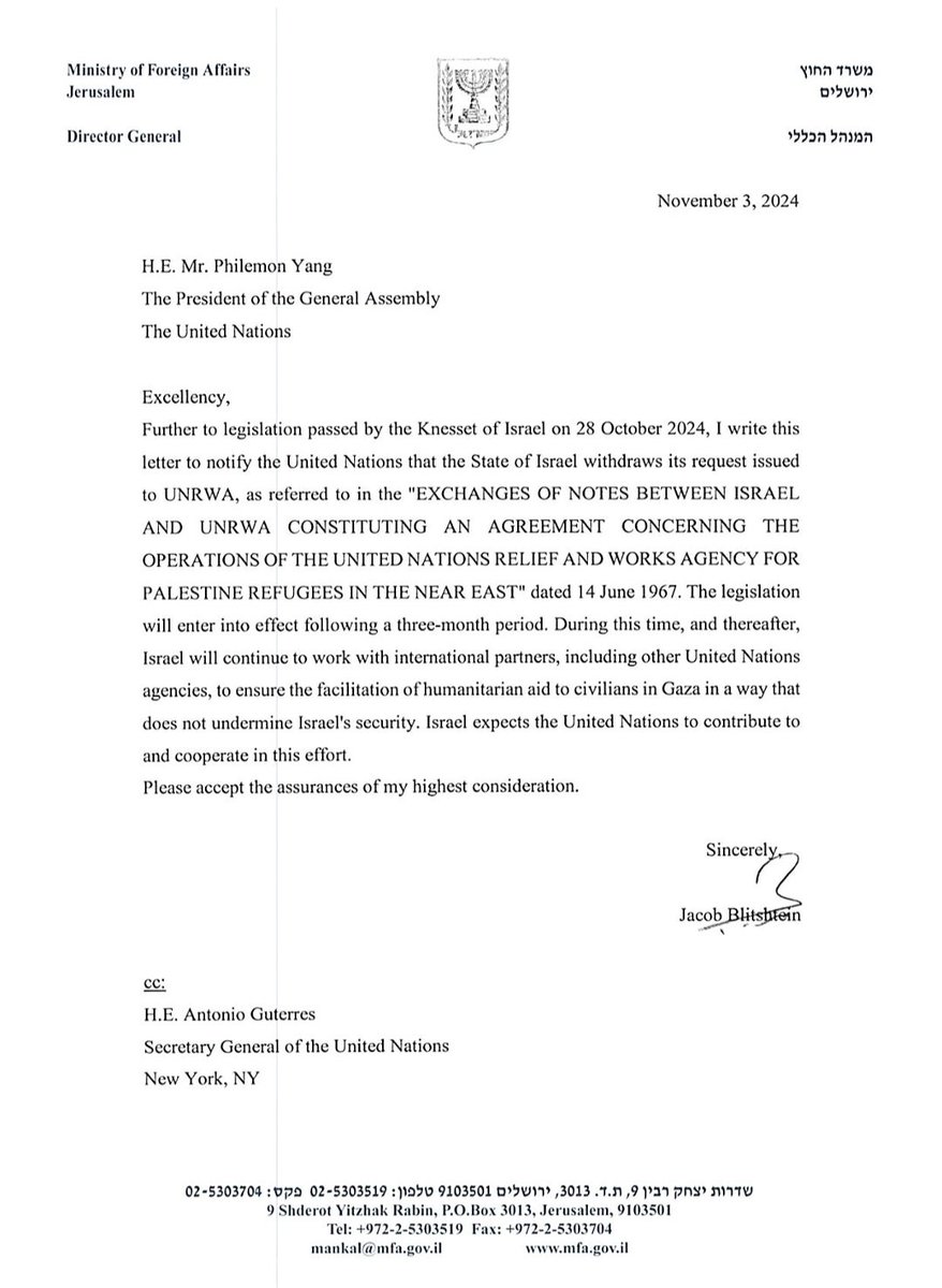Breaking: Israel has formally notified the UN that it is canceling the agreement that regulates UNRWA operations in Israel, the West Bank, and Gaza.

Kudos to Israel. UNWRA is another front of Hamas.