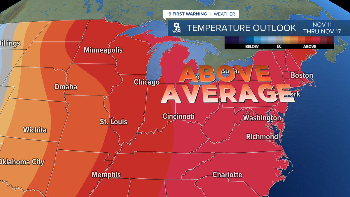 wxSpinner89's tweet photo. The next 6 days will ALL be at least 10-degrees above normal and it looks like that warmth will continue a little longer than that. Temperatures will be above average for the week of November 11 through 17 as well.
#wcpo #cincywx https://t.co/tC17ySNcdv