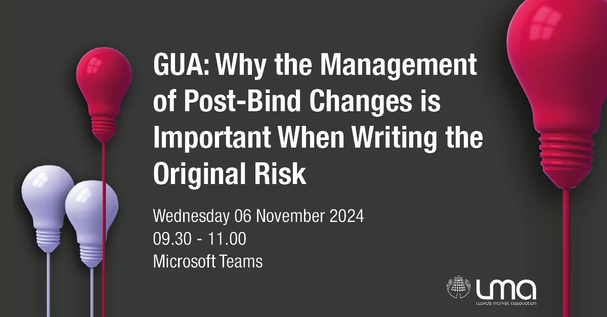 The LMA invites you to an online event designed to highlight the use of the general underwriters' agreement (GUA) and its schedules.

Register here: lmalloyds.com/LMA/Events/LMA…

#GUA #Lloyds #LMA