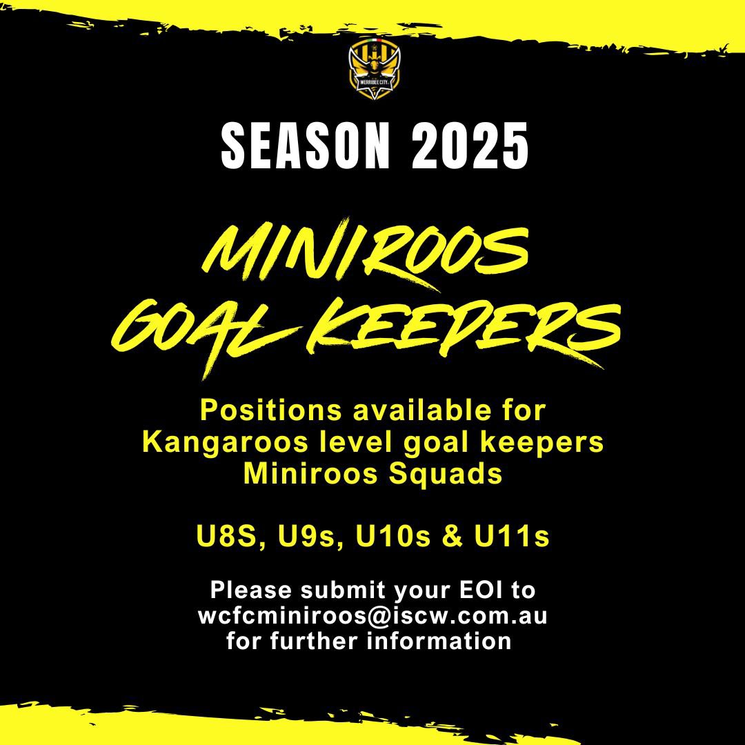 Werribee City FC (@fcwerribeecity) on Twitter photo GK POSITIONS AVAILABLE! 🐝
Werribee City FC have a few positions left open to strong Goal Keepers with our U8s, U9s, U10s & U11s Academy Teams.
If this could be you, please submit EOI via wcfcminiroos@iscw.com.au
#GoBees GK POSITIONS AVAILABLE! 🐝
Werribee City FC have a few positions left open to strong Goal Keepers with our U8s, U9s, U10s & U11s Academy Teams.
If this could be you, please submit EOI via wcfcminiroos@iscw.com.au
#GoBees