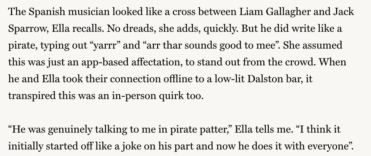 enjoyed all of @mlothianmclean’s essay on dating in london, but the pirate anecdote said it all,,,you know the pickings are slim when someone talks to you like jack sparrow in real life &amp; you go home with them anyway. Full essay here: shorturl.at/Ii8us