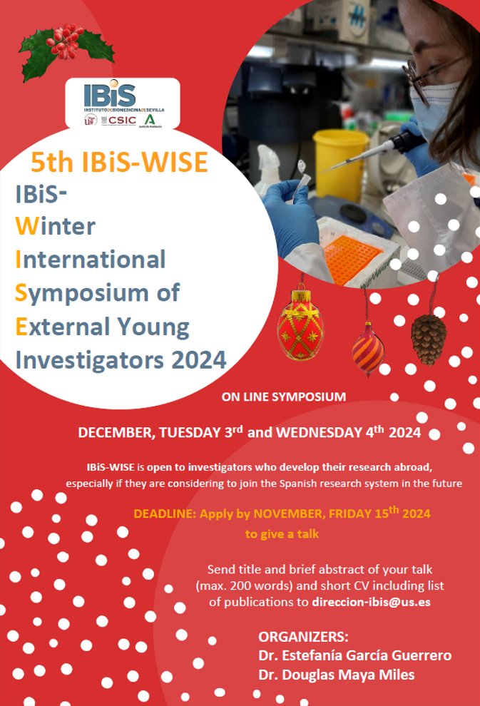 ibis_sevilla's tweet photo. 🔵 Life with IBiS |
Kind reminder of the 5th IBiS-Winter International Symposium of External Young Investigators'24! #IBiSWISE 🎄
3-4/12 ONLINE for PhD students & postdocs researching abroad, especially if consider joining Spanish research system.
Deadline for abstracts 15/11! https://t.co/5x6sNQKxDs