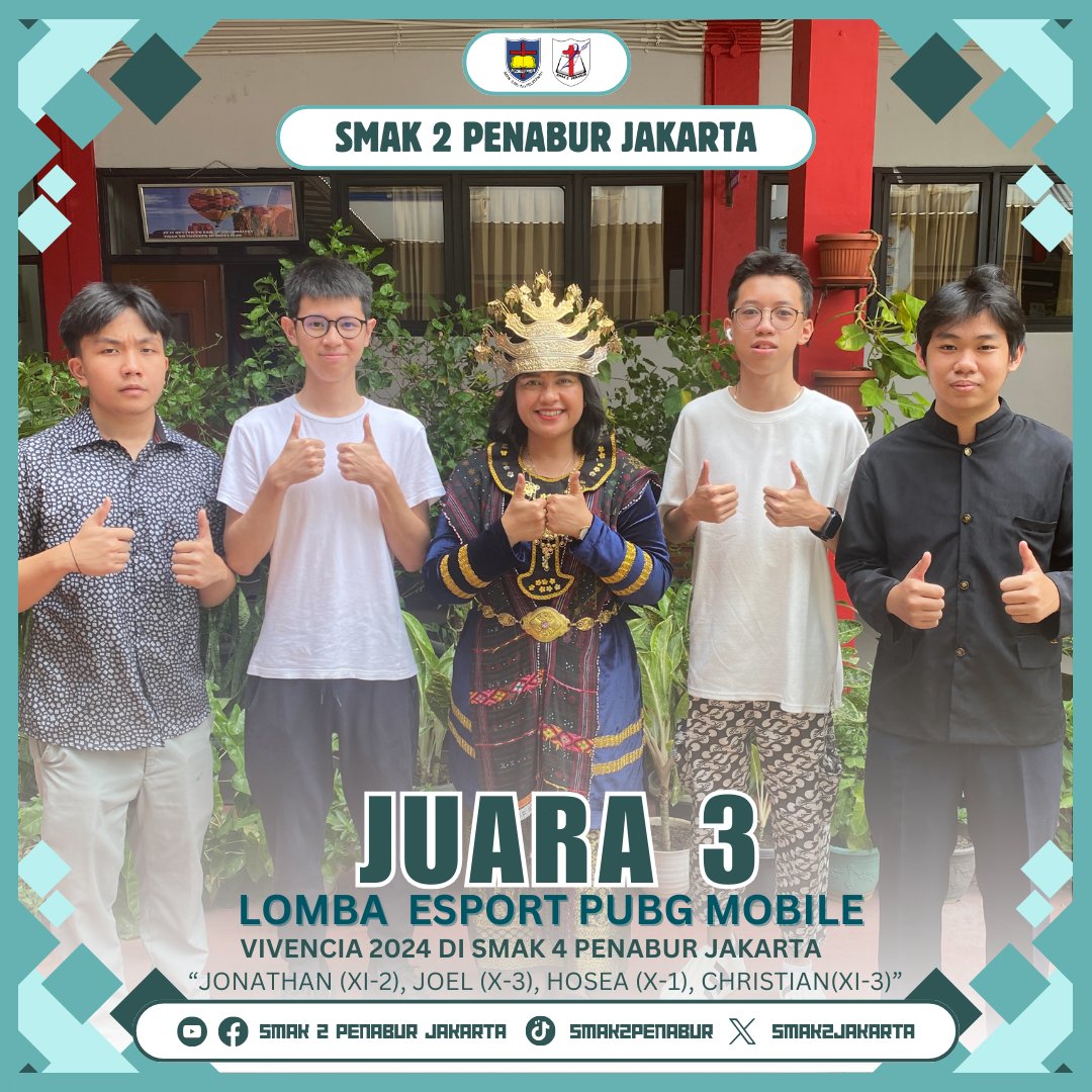 Selamat kepada Tim E-Sport:
1. Juara 3, Lomba E-Sport PUBG Mobile di Vivencia 2024, SMAK 4 PENABUR Jakarta

2. Juara 3, Lomba EA Sports di Turnamen Kertas 21, SMA NEGERI 21. 👏🏻🥳

#PrestasiSMAK2Jakarta