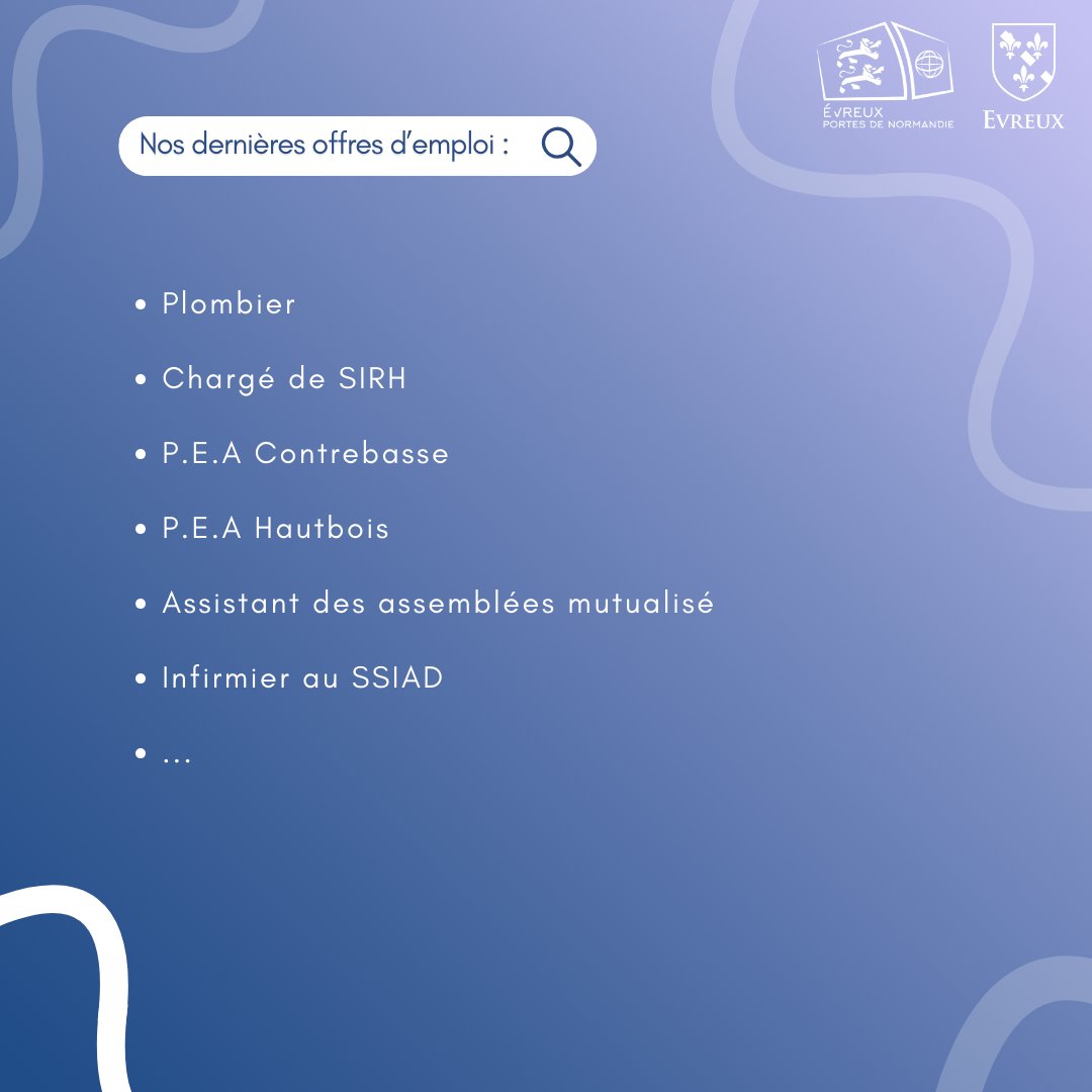 [#EMPLOI]

#Evreux et #aggloevreux recrutent !

&gt; Offres en cours : Plombier / Chargé de SIRH / P.E.A Contrebasse / P.E.A Hautbois / Infirmier au SSIAD / Infirmier en EHPAD / ...

👉 Pour postuler, envoyez votre CV et lettre de motivation ⤵️
evreuxportesdenormandie.fr/285-evreux-por…

#offreemploi