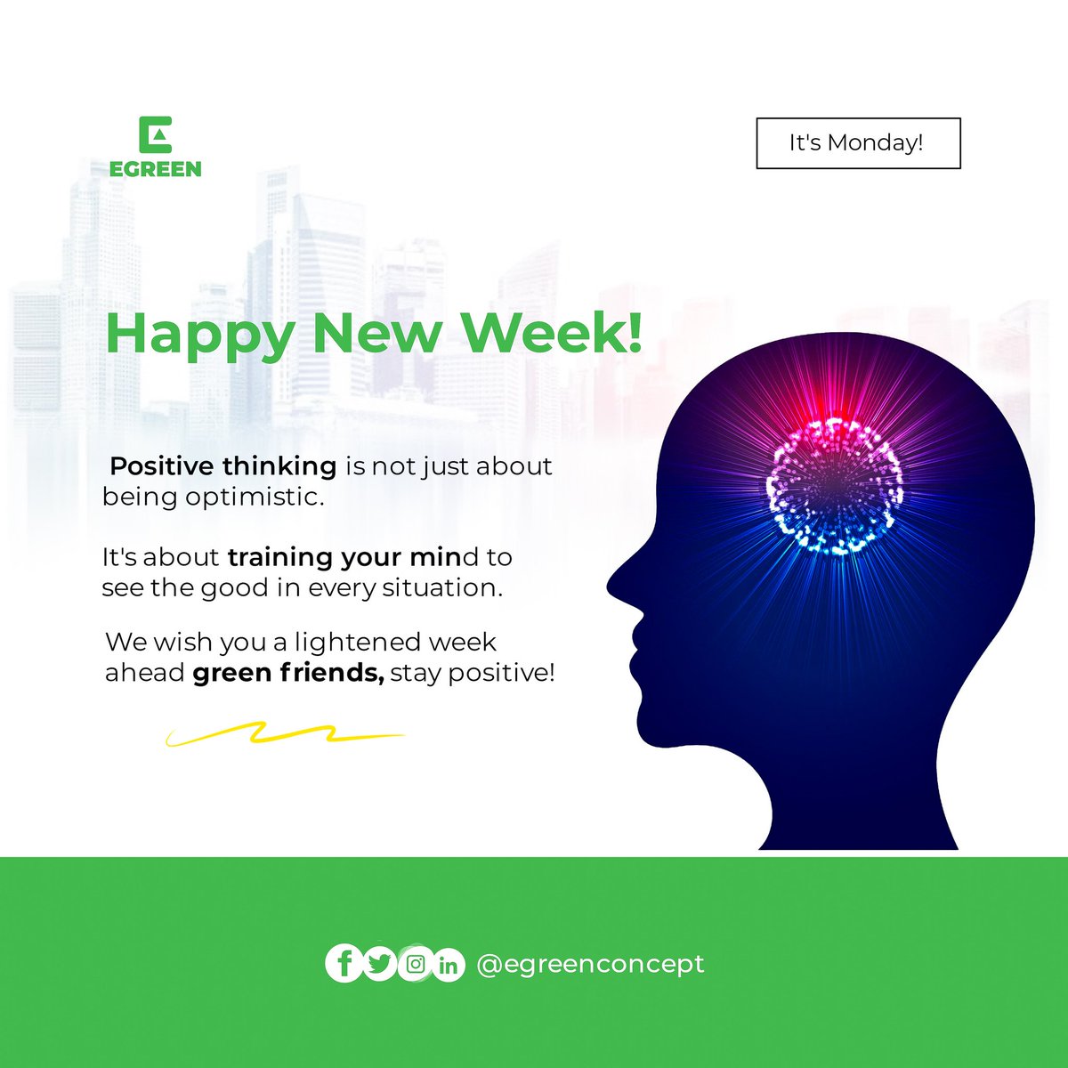 EgreenConcept's tweet photo. Happy New Week!  Positive thinking is more than optimism—it's about training your mind to find the good in every situation. Let’s stay positive and spread light this week! 💚 

#newweek #StayPositive #Mindset #egreen https://t.co/JiwRsqvjwl