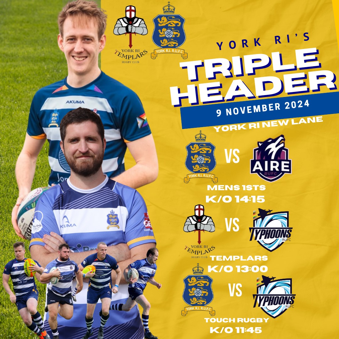 IAmDavidCarr's tweet photo. Triple header at New Lane on Sat 9th Nov!🔥
1. York RI Touch vs Typhoons Touch at 11:45
2. York RI Templars vs Typhoons at 13:00
3. York RI Men's 1sts vs Aireborough at 14:15💪
Rugby-packed weekend! Come down and support!
#yorkri #rugby #oneclub https://t.co/XC5UYau10F