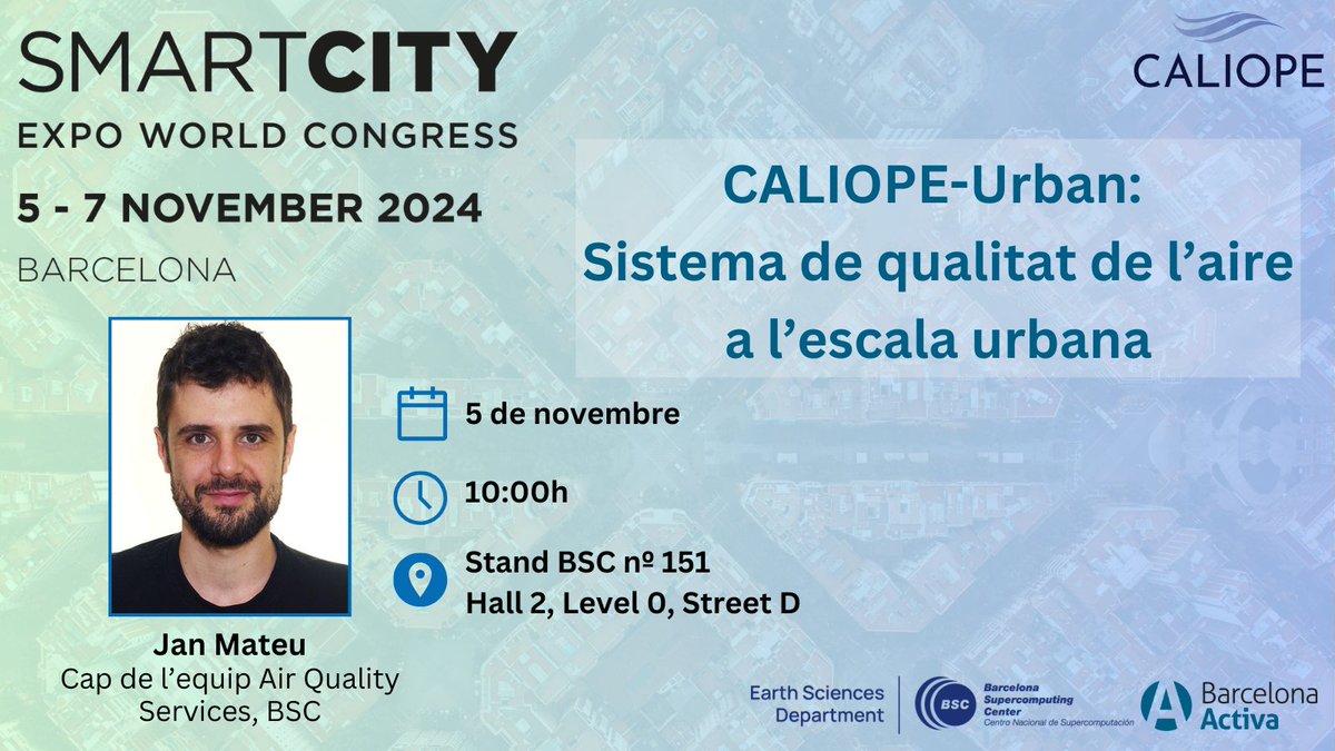 CALIOPE (@caliope_bsc) on Twitter photo 🤓Aneu a l'<a href="/SmartCityexpo/">Smart City Expo World Congress</a>?
👉No us perdeu la xerrada d'en <a href="/JanArmengol/">Jan Mateu Armengol</a> sobre els últims avenços en l'eina de #qualitataire a l'escala urbana CALIOPE-Urban.
🗓️5 de novembre
🕙10 h
📍Fira de Barcelona
#⃣Estand 151 <a href="/BSC_CNS/">BSC-CNS</a> <a href="/bcn_ajuntament/">Ajuntament de Barcelona</a> <a href="/barcelonactiva/">Barcelona Activa</a>
#SCEWC24 #airquality 🤓Aneu a l'<a href="/SmartCityexpo/">Smart City Expo World Congress</a>?
👉No us perdeu la xerrada d'en <a href="/JanArmengol/">Jan Mateu Armengol</a> sobre els últims avenços en l'eina de #qualitataire a l'escala urbana CALIOPE-Urban.
🗓️5 de novembre
🕙10 h
📍Fira de Barcelona
#⃣Estand 151 <a href="/BSC_CNS/">BSC-CNS</a> <a href="/bcn_ajuntament/">Ajuntament de Barcelona</a> <a href="/barcelonactiva/">Barcelona Activa</a>
#SCEWC24 #airquality