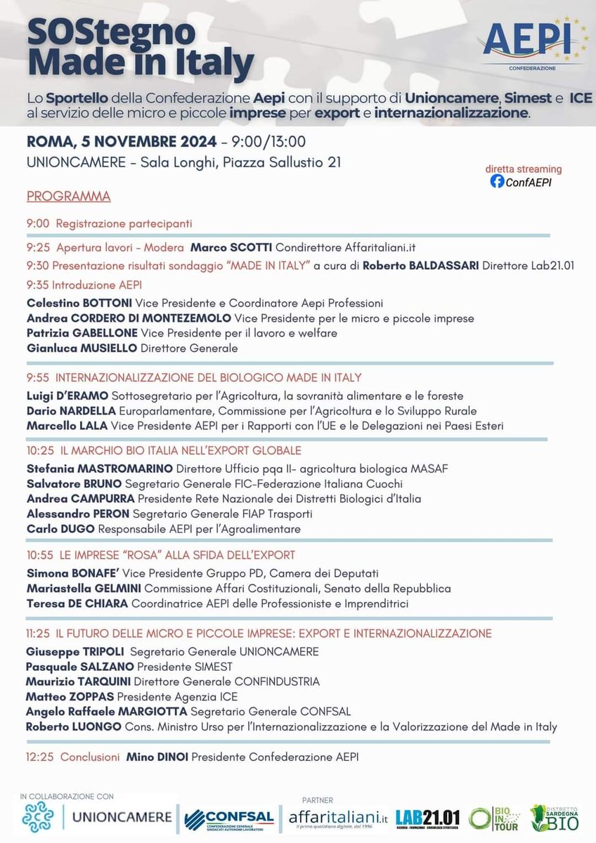 🇮🇹 SOSTEGNO MADE IN ITALY 🇮🇹
Un evento organizzato dalla Confederazione #AEPI in collaborazione con Unioncamere
👉Roma, 5 novembre dalle 9:30 alle 13:00
📍UNIONCAMERE - Sala Longhi, Piazza Sallustio 21 
🟠Per partecipare: 
📩eventi@confederazioneaepi.it  
📞 333.2986099