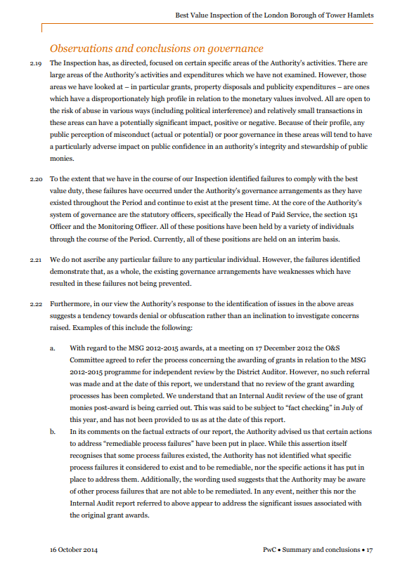 MarcFrancisTH's tweet photo. Today marks 10 years since publication of PwC's inspection of Tower Hamlets Council under Mayor Rahman. Its conclusion that the council's governance wasn't capable of preventing failures in its 'Best Value' duty led to powers being taken away. Another Best Value report is now due https://t.co/OccA1UVkWw