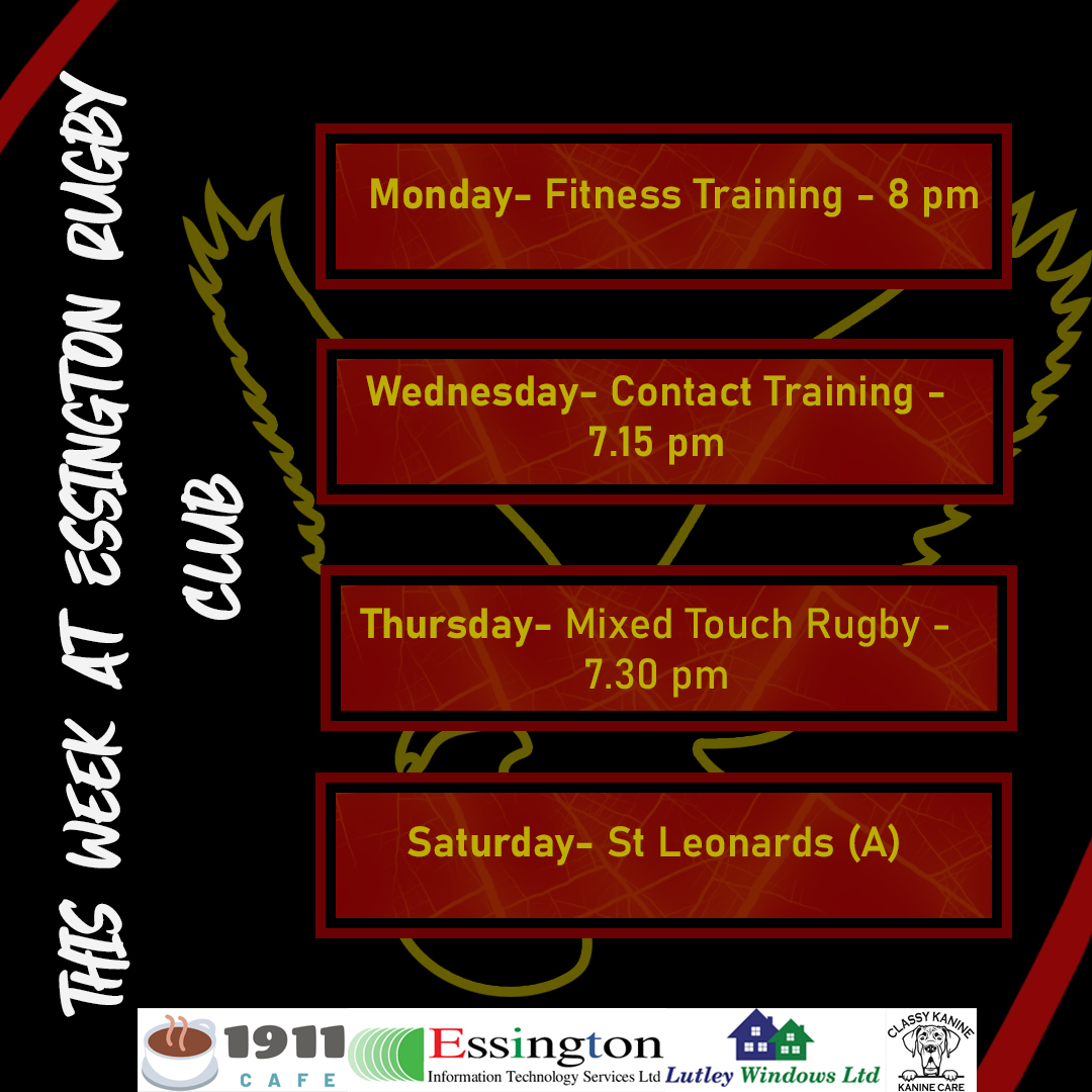EssingtonRUFC's tweet photo. 𝑴𝒐𝒏𝒅𝒂𝒚- Fitness Training at 8pm. 

𝑾𝒆𝒅𝒏𝒆𝒔𝒅𝒂𝒚 - Contact Rugby Training at 7.15pm

𝑻𝒉𝒖𝒓𝒔𝒅𝒂𝒚- Mixed touch rugby Training at 7.30pm

𝑺𝒂𝒕𝒖𝒓𝒅𝒂𝒚- Essington face top of the table, St Leonards away. With an earlier kick off time of 2.15pm https://t.co/z5ZmQt3GPj