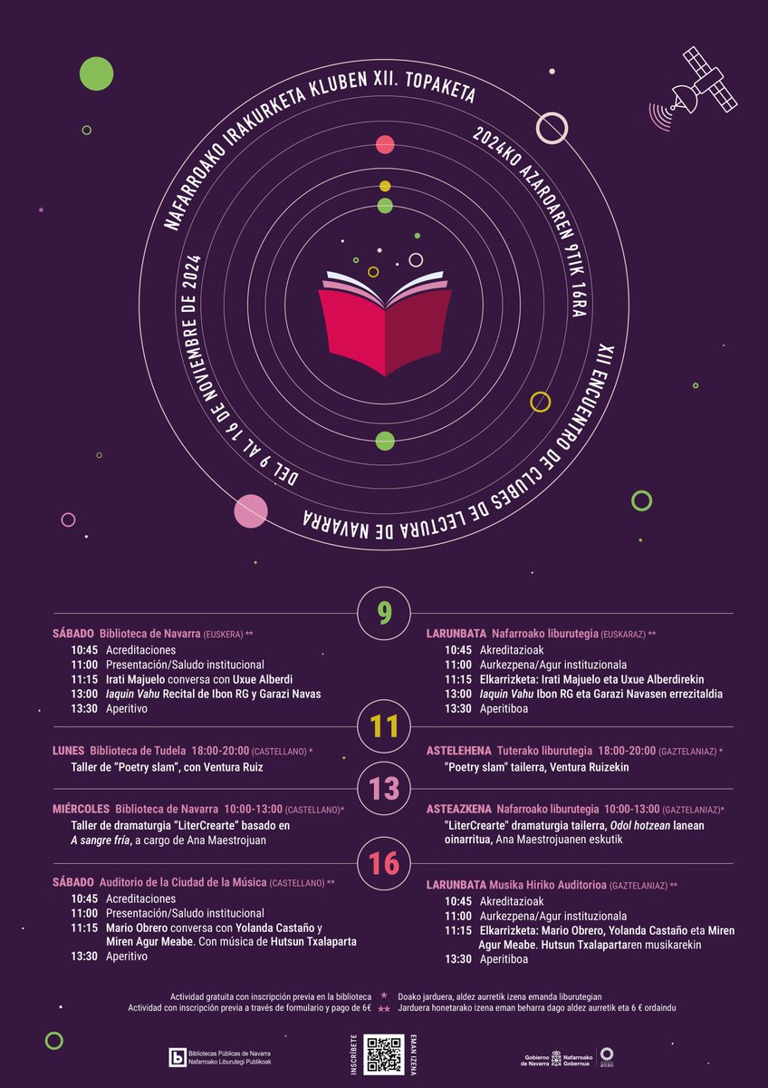 Hurrengo larunbatean, 9an, Nafarroako Irakurle Kluben Topaketaren Euskarazko saioa ospatuko da, Nafarroako Liburutegian. Uxue Alberdi izango da aurtengo idazle gonbidatua. Eman izena lehenbaitlen!
docs.google.com/.../1FAIpQLScN…...
edo afixan azaltzen den QR bidez