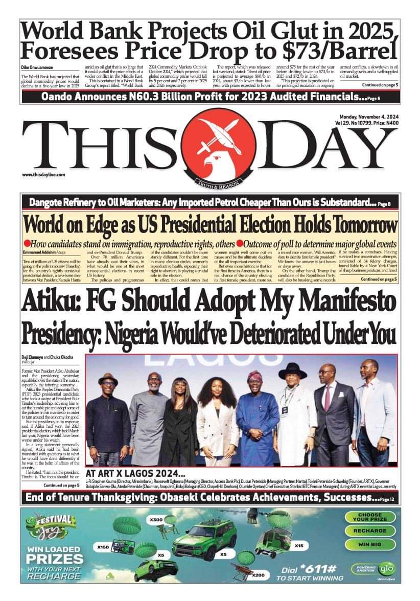 tungbafm's tweet photo. NEWSPAPER FRONT PAGE
THIS DAY
MONDAY NOVEMBER 4, 2024

Osimhen Eloswag Inter Miami #BBNaija #snapchat Palmer Peter Obi Chelsea Garnacho Pinovibes Lookman Caicedo Christians Boss Osupa Church Rashford Fuji Sanchez Napoli Madueke Ugarte Baba Dangote Abeg Tinubu Price Lily Pete 1USD https://t.co/VZ7unhuWYV