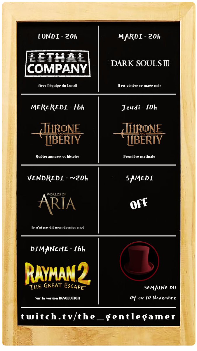 Voici le calendrier de la semaine !

Grosse semaine de stream, je profite de ne pas avoir beaucoup de boulot pour faire du Twitch. J'ai une commu à construire 😁