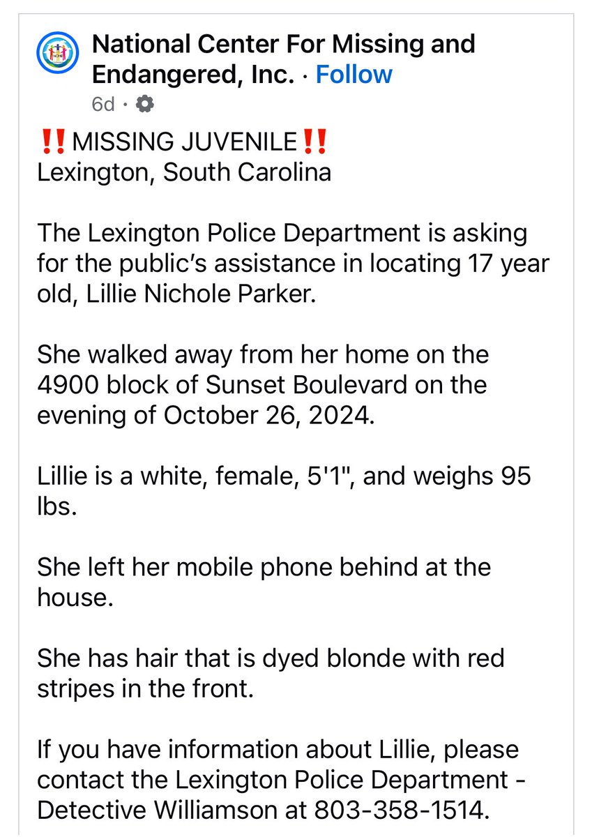 SaltySteno's tweet photo. 🚨 MISSING IN SC 🚨

📍Lexington, South Carolina

LILLIE NICHOLE PARKER
17 years old • 5’1 • 95lbs

Lillie walked away from her home on October 26, 2024. She left her phone behind. Her hair is dyed blonde with red stripes in the front.

Contact Det. Williamson at 803-358-1514. https://t.co/e5PWk4Mbsz