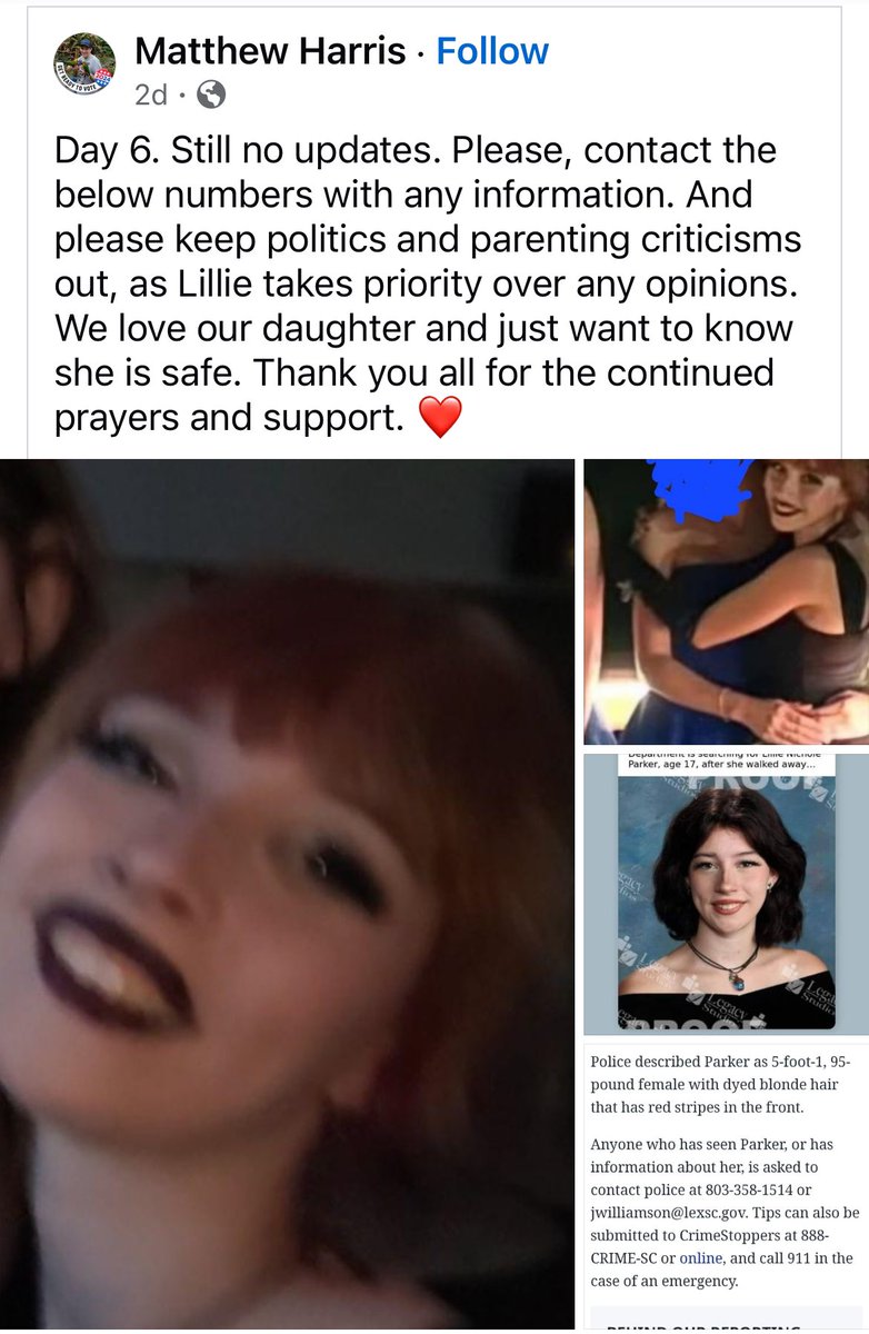 SaltySteno's tweet photo. 🚨 MISSING IN SC 🚨

📍Lexington, South Carolina

LILLIE NICHOLE PARKER
17 years old • 5’1 • 95lbs

Lillie walked away from her home on October 26, 2024. She left her phone behind. Her hair is dyed blonde with red stripes in the front.

Contact Det. Williamson at 803-358-1514. https://t.co/e5PWk4Mbsz