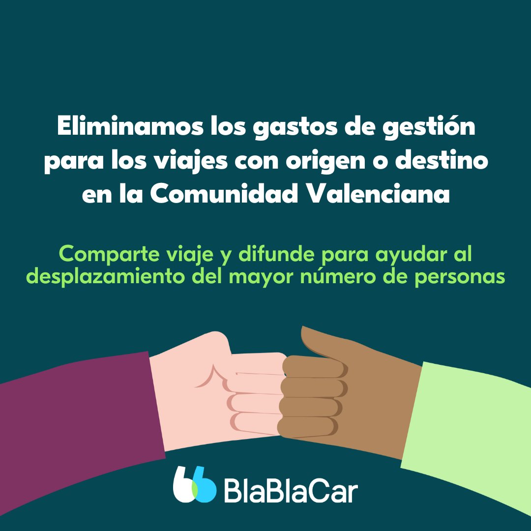 📣 Eliminamos los gastos de gestión para los viajes con origen o destino en la C. Valenciana.

Publica tus asientos vacíos sin importar la distancia de tu trayecto. Más viajes publicados, más fácil desplazarse a cualquier localidad.

¿Nos ayudáis a difundirlo, por favor? 🙏
