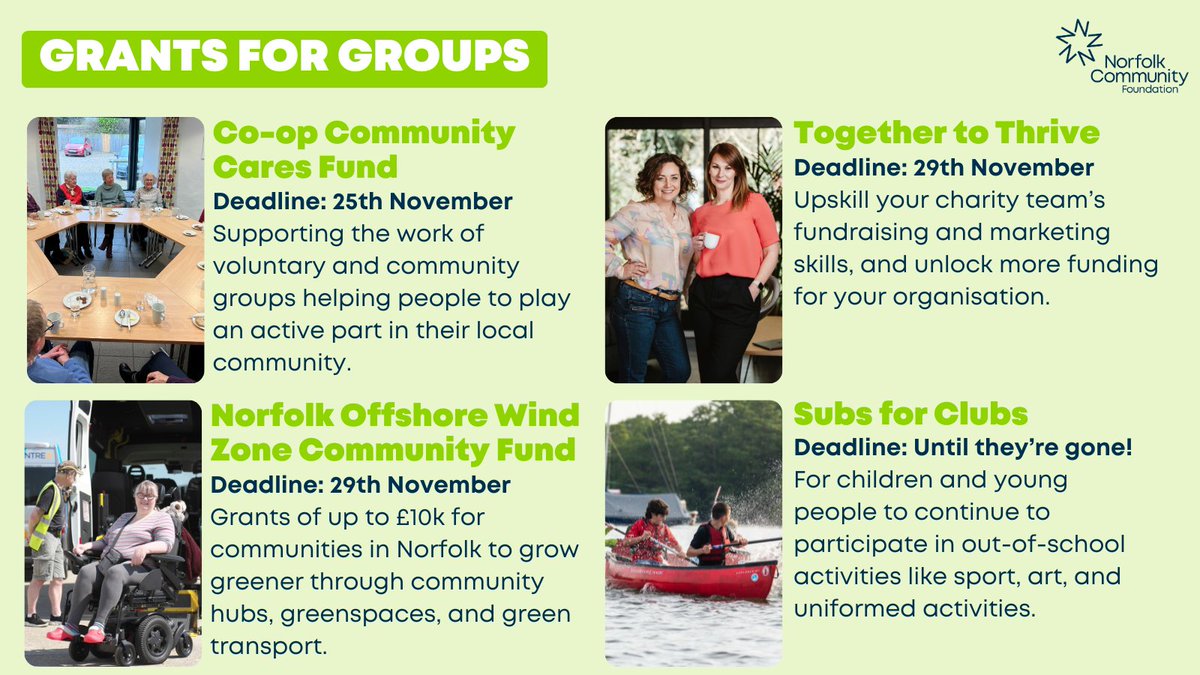 New funding opportunities!👉 bit.ly/353utZC
🟢*NEW* @EofECoop Community Fund
💷Together to Thrive <a href="/FeltonFunds/">Felton Fundraising</a>
🌱Norfolk Offshore Wind Zone Community Fund <a href="/RWE_UK/">RWE UK</a>
🪙Subs for Clubs
➕Plus... Welcome Backpacks, Local Funds &amp; STEM Funding!