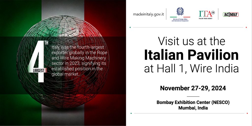 ITANewDelhi's tweet image. Did you know? In 2023, 🇮🇹 ranked 4th among the world's top exporters of rope and wire cable making machinery! This showcases 🇮🇹  strength in innovation and manufacturing excellence ready to power industries 🌍 and 🇮🇳 #MadeInItaly #Innovation #WireCable #Manufacturing #ItalyIndia