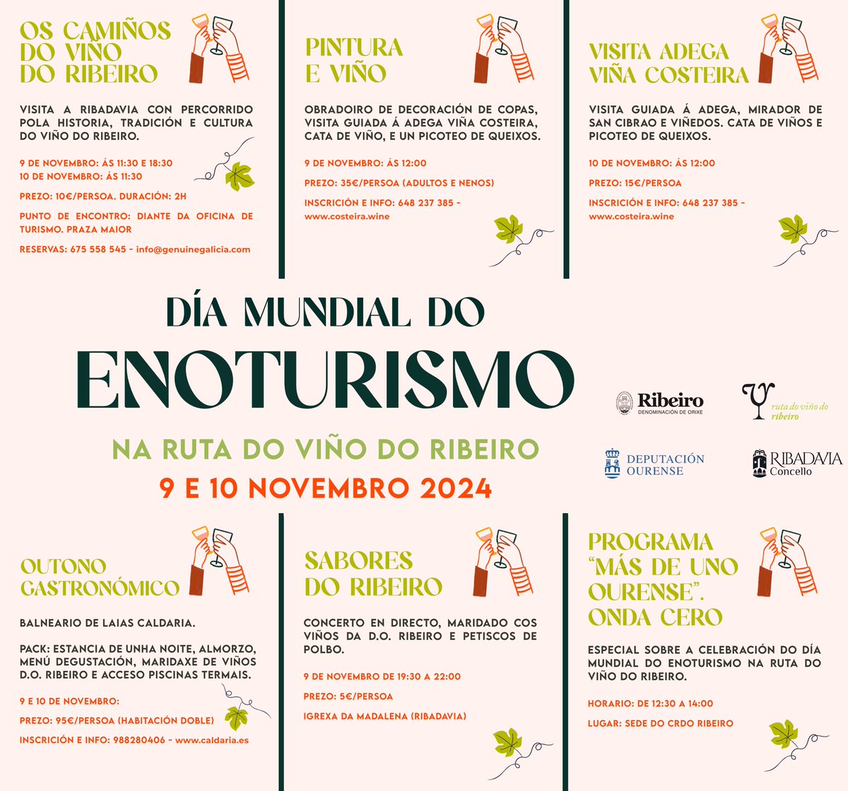 9 e 10 de novembro imos festexar o 𝐃í𝐚 𝐌𝐮𝐧𝐝𝐢𝐚𝐥 𝐝𝐨 𝐄𝐧𝐨𝐭𝐮𝐫𝐢𝐬𝐦𝐨 na 𝐑𝐮𝐭𝐚 𝐝𝐨 𝐯𝐢ñ𝐨 𝐝𝐨 𝐑𝐢𝐛𝐞𝐢𝐫𝐨.  

Temos previstas 𝐚𝐜𝐭𝐢𝐯𝐢𝐝𝐚𝐝𝐞𝐬 para tod@s, para que teñades unha boa excusa para visitar as terras do Ribeiro

INFO rutadelvinoribeiro.com
