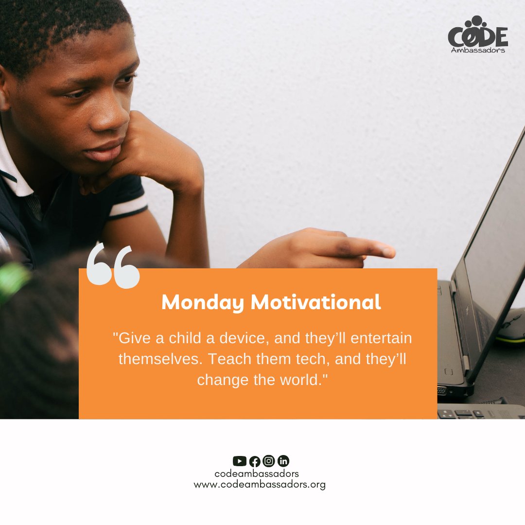 codeambassadors's tweet image. #mondaymotivation

As we delve into a new week, let’s remember the power of equipping young minds with the tools to create, innovate, and lead.

Happy new week from us.
.
.
#CodeAmbassadors #Inspired #NewWeek #MondayMotivation