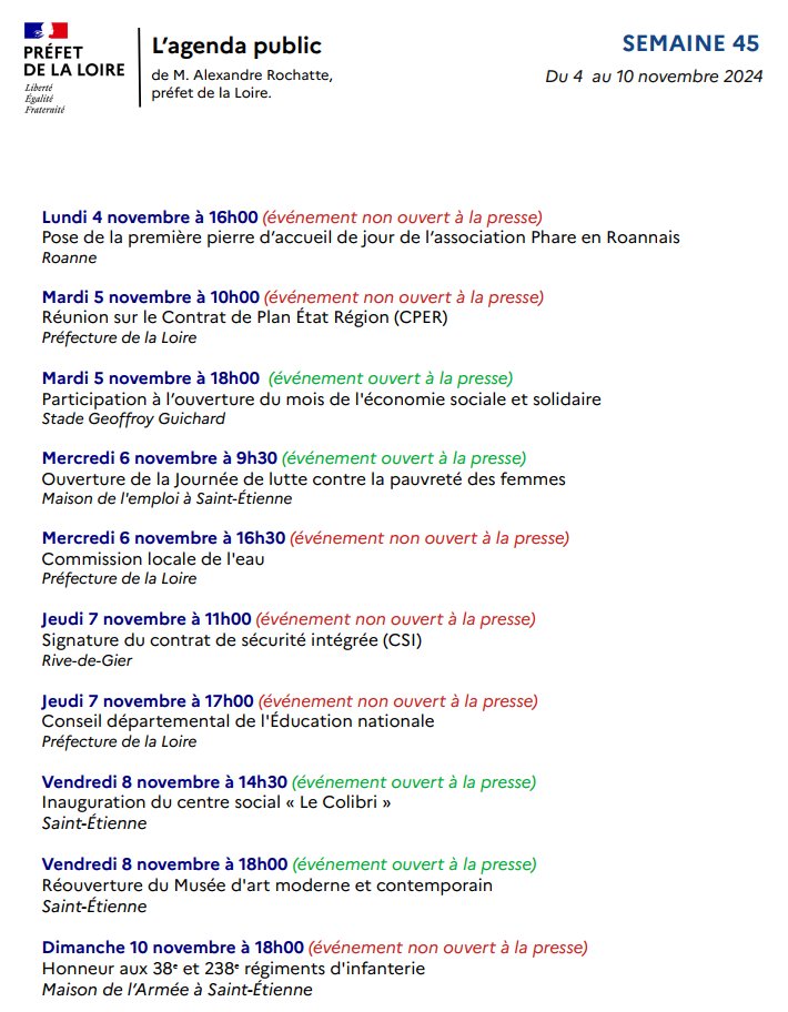 🗓️ Agenda public du préfet de la Loire ⬇️
