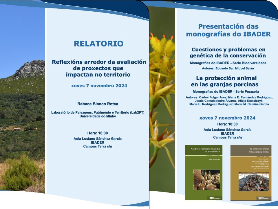 Anota na túa axenda 📅

👉 Relatorio: Reflexións arredor da avaliación de proxectos que impactan no territorio, por Rebeca Blanco Rotea
👉 Presentación de dúas monografías do <a href="/IbaderUSC/">IBADER</a> 

Xoves 7 Novembro
18h
Ibader Lugo

Máis información:

ibader.gal/ampliar/85/247…