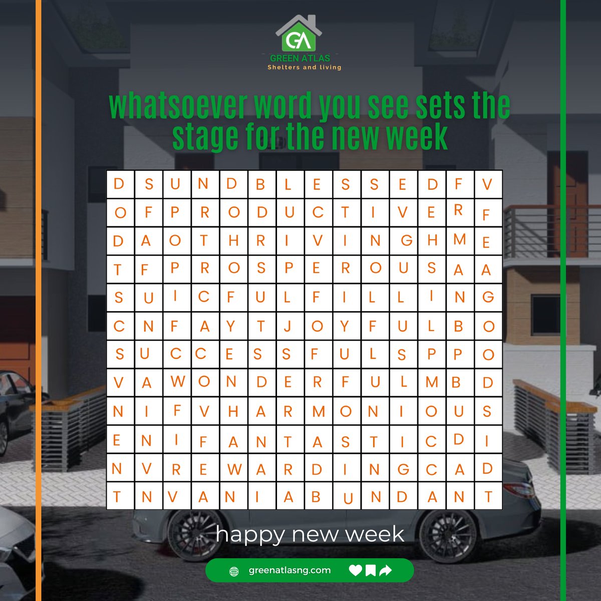 greenatlasng's tweet image. "Your first work encounter sets the tone for an amazing week ahead! Whether it's creativity, growth, teamwork, or success—embrace it fully. Let your week be filled with positive energy, endless possibilities, and unstoppable momentum.  #positivevibes #greenatlashomes #newweek