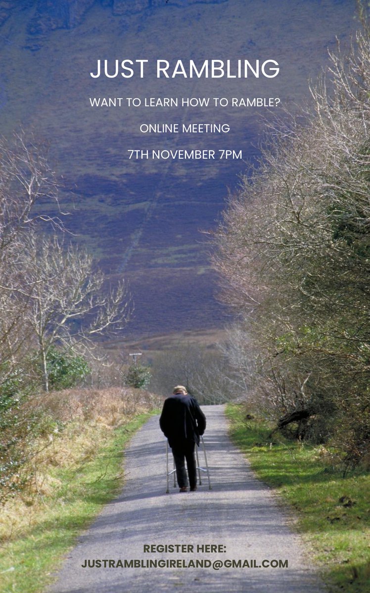 Edwina Guckian (@edwinaguckian) on Twitter photo Want to learn how to ramble? Have questions about the Just Rambling project or want to get involved in your own area?
💻 Then come to the online meeting where I’ll explain the project and answer any questions.
📧 To recieve the zoom link email justramblingireland@gmail.com Want to learn how to ramble? Have questions about the Just Rambling project or want to get involved in your own area?
💻 Then come to the online meeting where I’ll explain the project and answer any questions.
📧 To recieve the zoom link email justramblingireland@gmail.com