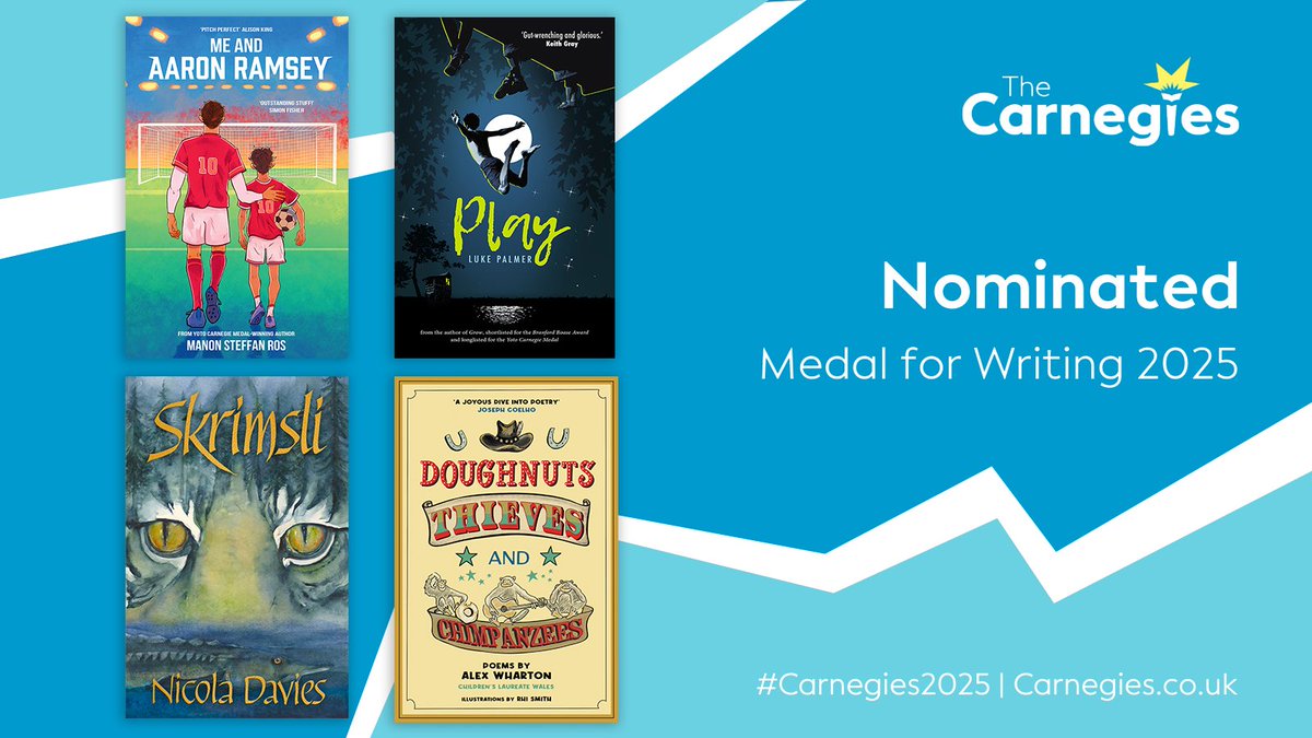 Firefly Press (@fireflypress) on Twitter photo We're delighted to have four books nominated for the Carnegie Medal for Writing 2025!
🌟 Me and Aaron Ramsey by <a href="/ManonSteffanRos/">Manon Steffan Ros</a>
🌟 Play by <a href="/lcpalmerpoet/">Luke Palmer</a>
🌟 Skrimsli by Nicola Davies 🎨 @JackieMorrisArt
🌟 Doughnuts, Thieves and Chimpanzees by <a href="/alexwhartonpoet/">Alex Wharton</a> 🎨 Rhi Smith We're delighted to have four books nominated for the Carnegie Medal for Writing 2025!
🌟 Me and Aaron Ramsey by <a href="/ManonSteffanRos/">Manon Steffan Ros</a>
🌟 Play by <a href="/lcpalmerpoet/">Luke Palmer</a>
🌟 Skrimsli by Nicola Davies 🎨 @JackieMorrisArt
🌟 Doughnuts, Thieves and Chimpanzees by <a href="/alexwhartonpoet/">Alex Wharton</a> 🎨 Rhi Smith