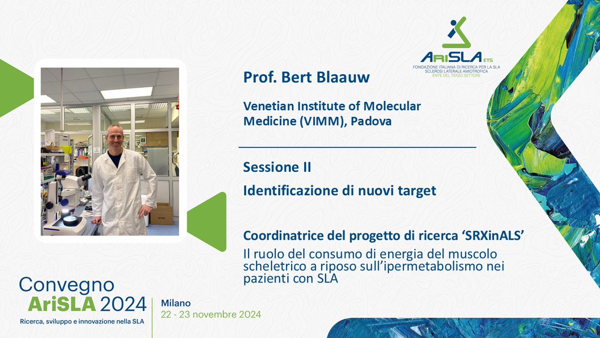 Il 22 novembre, Bert Blaauw, Principal Investigator #VIMM, presenterà al #ConvegnoAriSLA 2024 il progetto "SRXinALS", che indaga il ruolo della miosina nel metabolismo muscolare e nella progressione della #SLA. Scopri di più sull'evento 👉 arisla.org/convegno-arisl…
