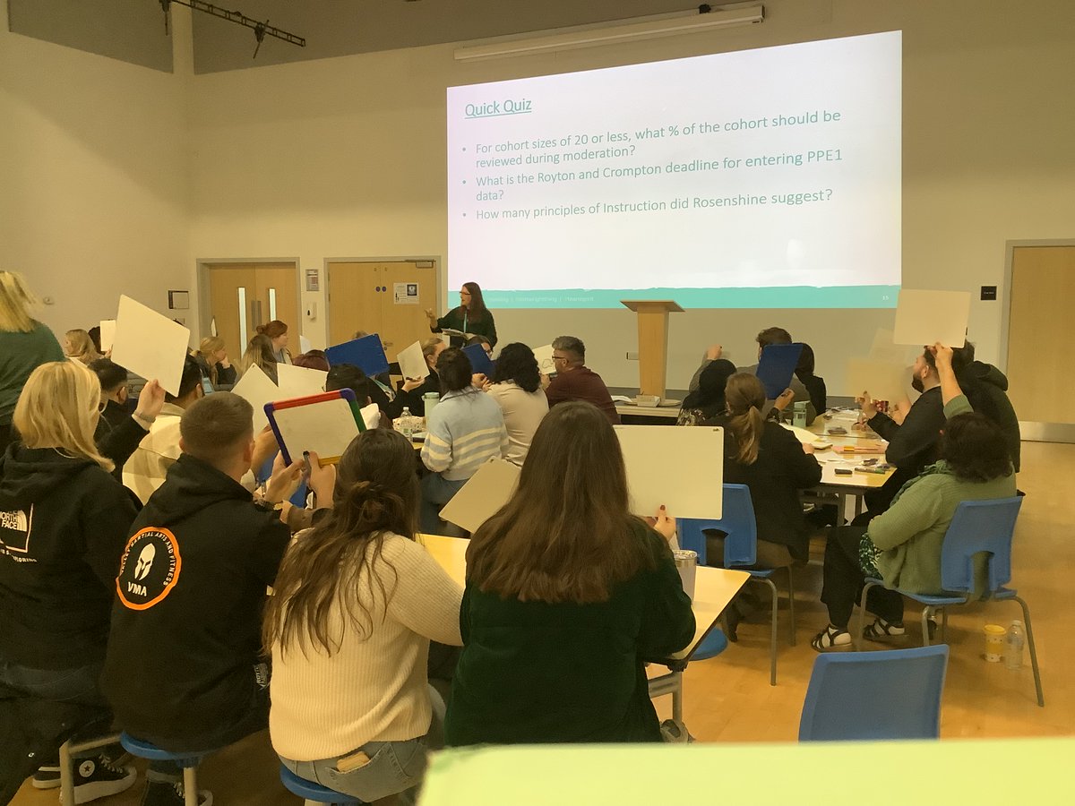 RoytonCrompton's tweet image. Working together on teaching and learning for Inset day. #rosenshines #acceleratedlearningcycle #aspiration