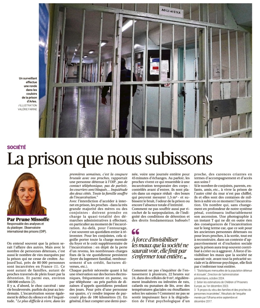 On entend souvent que la prison serait l’affaire des autres. Mais avec le nombre de personnes détenues, c’est aussi le nombre de vies marquées par la prison qui ne cesse de croître. Analyse de Prune Missoffe Responsable des analyses et du plaidoyer à l'OIP <a href="/laprovence/">La Provence</a>