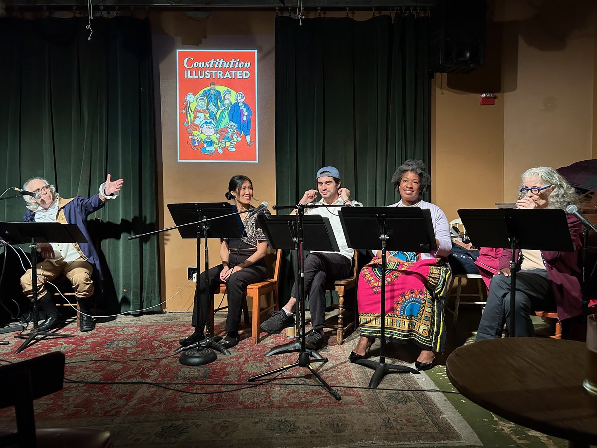 RSikoryak's tweet photo. From Wednesday's “Constitution Illustrated” show: A full reading of the Constitution with images, plus voices by Cecily Lyn Benjamin, Marissa Carpio, Spencer Gonzalez, M. Sweeney Lawless, &amp; me. 
At @DixonPlace  From the book by @DandQ 
@Specky4Eyes photos by @Kriota https://t.co/TEheLtztrH