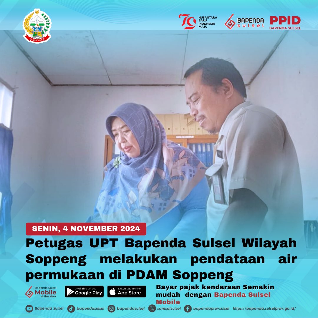 Petugas UPT Bapenda Sulsel Wilayah Soppeng melakukan pendataan air permukaan di PDAM Soppeng, Senin 4 November 2024.