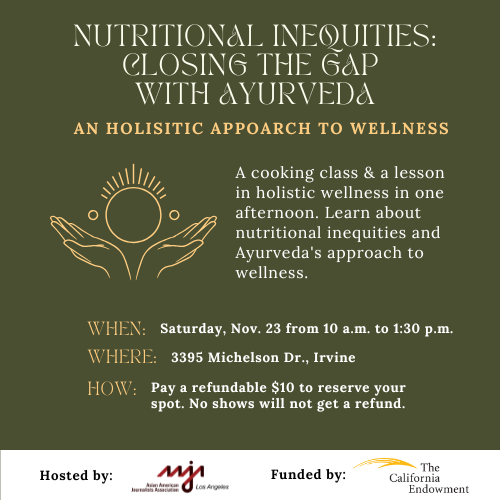 AAJAla's tweet photo. EVENT: A cooking class  to talk nutritional inequities

Nutritional inequities: Closing the gap with Ayurveda

It’s a cooking class and a lesson in holistic wellness in one. Learn about nutritional inequities and Ayurveda’s approach to wellness.

RSVP at https://t.co/rbElg1J2oF https://t.co/CKJqp8t6OC