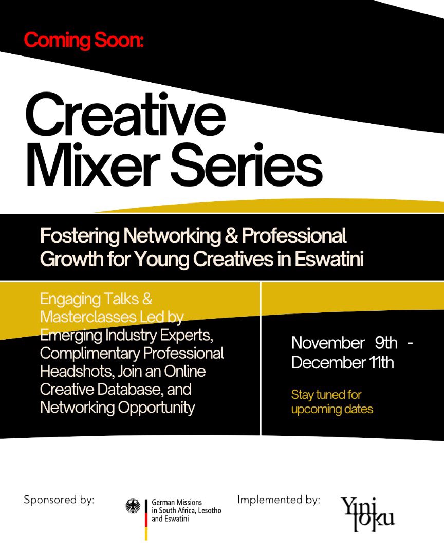 Antidote Culture Foundation (@antidoteculture) on Twitter photo Weโre excited to introduce The Creative Mixer Series, sponsored by <a href="/GermanyinSA/">Germany in SA</a>!
Join us for skill building masterclasses, free headshots, & networking. Eswatini creatives will also get an opportunity to be part of an online database of eswatini creatives! Details coming soon! Weโre excited to introduce The Creative Mixer Series, sponsored by <a href="/GermanyinSA/">Germany in SA</a>!
Join us for skill building masterclasses, free headshots, & networking. Eswatini creatives will also get an opportunity to be part of an online database of eswatini creatives! Details coming soon!