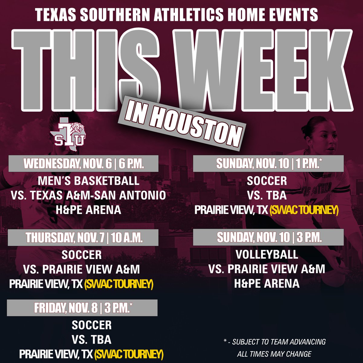 Texas Southern University (TSU) Athletics (@txsotigers) on Twitter photo We have a <a href="/TSUMensHoops/">Texas Southern Basketball</a> home 🏀 opener, TSU Soccer <a href="/theswac/">Southwestern Athletic Conference</a> tournament kicks off in Prairie View, Texas and the weekend wraps up with <a href="/TXSOVolleyball/">Texas Southern Volleyball</a> hosting Prairie View A&M on Sunday afternoon at home! We have a <a href="/TSUMensHoops/">Texas Southern Basketball</a> home 🏀 opener, TSU Soccer <a href="/theswac/">Southwestern Athletic Conference</a> tournament kicks off in Prairie View, Texas and the weekend wraps up with <a href="/TXSOVolleyball/">Texas Southern Volleyball</a> hosting Prairie View A&M on Sunday afternoon at home!