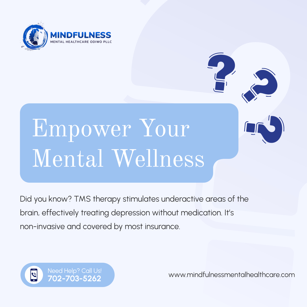 MindfulnessMntl's tweet image. TMS therapy offers a non-invasive, drug-free treatment for depression, using magnetic pulses to stimulate the brain. Discover how it can help you find relief and long-term recovery. 

#DidYouKnow #LongTermRecovery #TMSTherapy