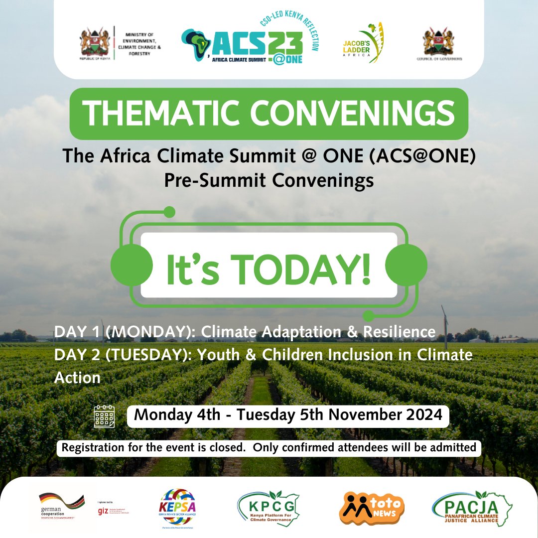 JacobsLadder_A's tweet photo. The Day Is Here!

Today marks the start of ACS@ONE Thematic Convenings! We're kicking off with a deep dive into Climate Adaptation and Livelihood—one of the key areas shaping Africa’s resilience in climate change. 

Together, let’s explore solutions for sustainable livelihoods and adaptive practices that uplift communities across Kenya and Africa.

Follow our social media channels for live updates, discussions, and insights throughout the day. Join the conversation and be part of Africa’s climate journey!

#ACSAtONE #ClimateAction #ClimateAdaptation #Kenya #RoadToACSAtONE 

@Sellahb @Bilha_Ndirangu @WorldResources, @adaconsortium, @ActionAid_Kenya, @CARE, @kilimoKE, @AfClimateSummit, @KEPSA_KENYA, @PACJA1 @KPCGKenya, @KenyaGovernors, @YALINetwork, @UNEP_Africa, @TVET_MoE, @unhabitatyouth, @FundMobility, @labor_mobility, @NetForCommDev, @africaevweek @AfricaEma, @EvChaja, @TVETAKenya, @Environment_Ke, @toolkitafrica, @UGMParty, @WorldBankKenya, @AFDB_Group, @EnviClimateC_Ke, @ILOAfrica, @UNESCO, @ILO_EastAfrica, @UNICEFKenya, @UnescoEast, @MTotoNews, @ASBELKEMBOI7, @kevolwe_godfrey, @PeterKariukiKE