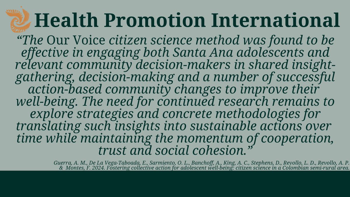 Health Promotion International (OUP) (@healthpromint) on Twitter photo 🔔 NEW at Health Promotion International
"The project aimed to identify barriers and enablers of well-being, informing adolescent-led actions for sustainable environmental changes."
Read here: doi.org/10.1093/heapro…
<a href="/anamaguerrab/">Ana María Guerra B</a> <a href="/eduardoluisdlv/">Eduardo De La Vega Taboada</a> <a href="/osarmien_/">Olga Lucia Sarmiento</a> <a href="/FelipeMontesJ/">Felipe Montes</a> 🔔 NEW at Health Promotion International
"The project aimed to identify barriers and enablers of well-being, informing adolescent-led actions for sustainable environmental changes."
Read here: doi.org/10.1093/heapro…
<a href="/anamaguerrab/">Ana María Guerra B</a> <a href="/eduardoluisdlv/">Eduardo De La Vega Taboada</a> <a href="/osarmien_/">Olga Lucia Sarmiento</a> <a href="/FelipeMontesJ/">Felipe Montes</a>